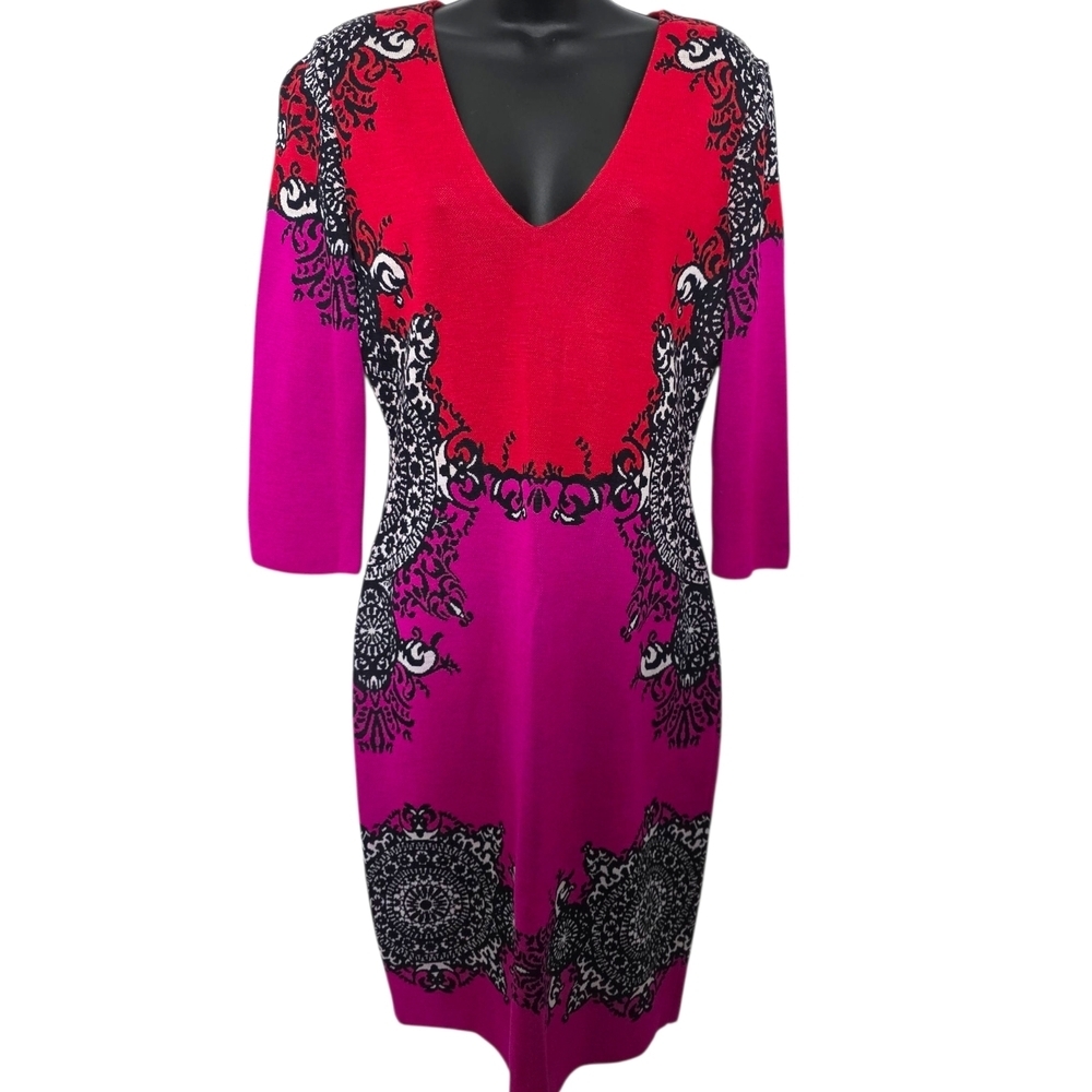 ST. JOHN COLLECTION  Women's Knit Tikka Red/Zinnia Pink Print Dress Sz. 8